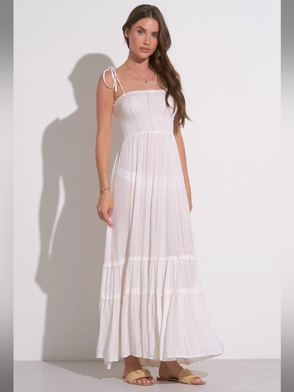 Elan White Tie-Shoulder Smocked Maxi Dress With Golden Detail